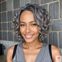 Pretty Salt & Pepper Short Bob - Water Wave Lace Closure Wig. Wear & Go Human Hair Wigs, Pre-Plucked 5x5 Closure for Women Sweet T 52