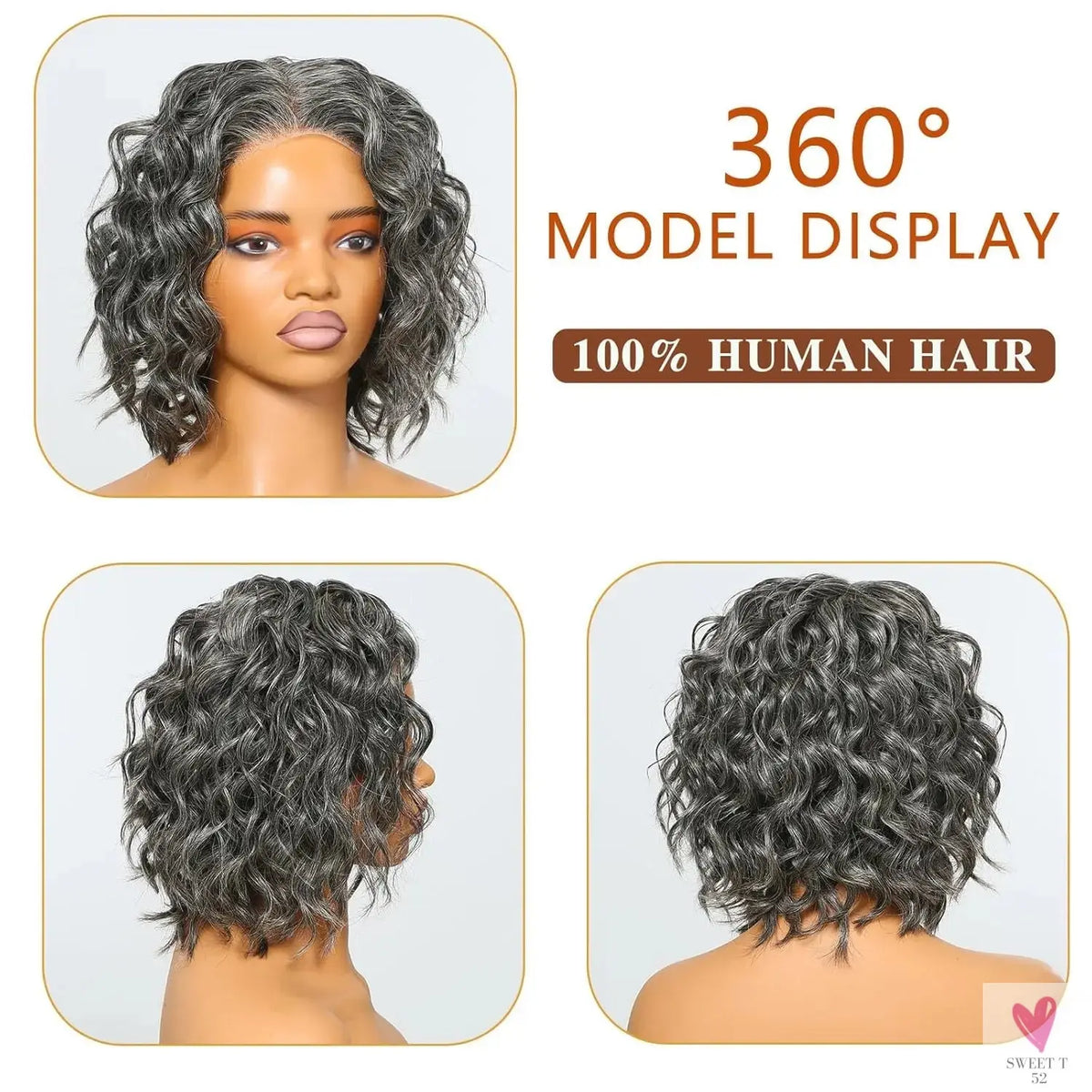 Pretty Salt & Pepper Short Bob - Water Wave Lace Closure Wig. Wear & Go Human Hair Wigs, Pre-Plucked 5x5 Closure for Women Sweet T 52