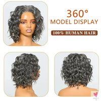 Pretty Salt & Pepper Short Bob - Water Wave Lace Closure Wig. Wear & Go Human Hair Wigs, Pre-Plucked 5x5 Closure for Women Sweet T 52