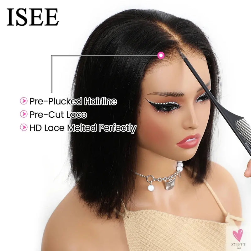 Ready to Wear Glueless Human Hair Wig, HD Lace Straight Short Bob 6x4 Lace Frontal, Pre Plucked Wigs for Women & Girls-hair accessories-SWEET T 52