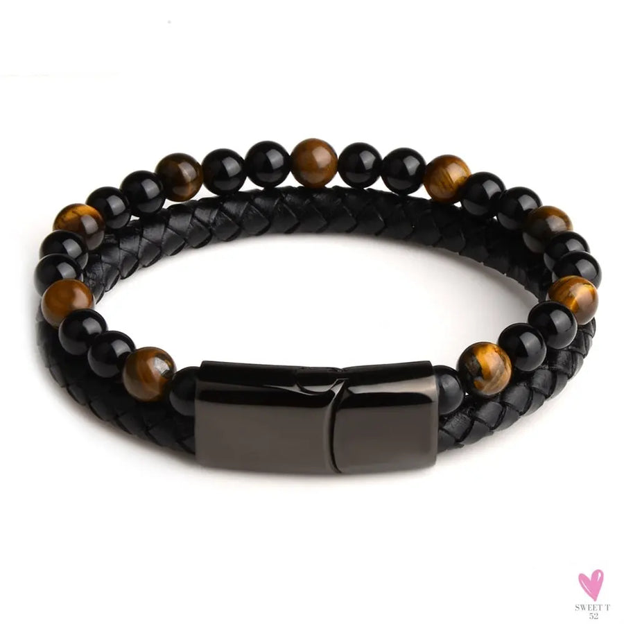 Round/Natural Stone/Genuine Leather/Tiger Eye Beads Bracelet for Men and Women with Magnetic Stainless Steel Clasp-Bracelet-SWEET T 52
