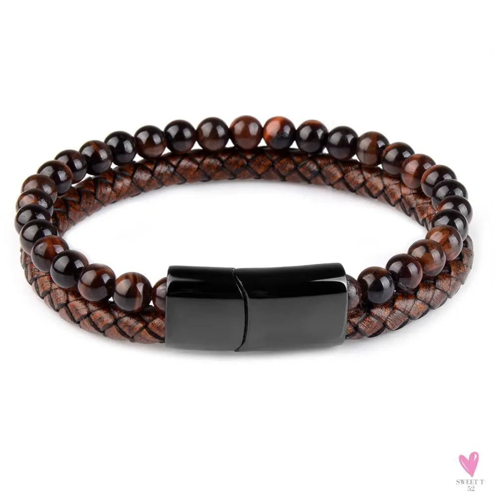Round/Natural Stone/Genuine Leather/Tiger Eye Beads Bracelet for Men and Women with Magnetic Stainless Steel Clasp-Bracelet-SWEET T 52