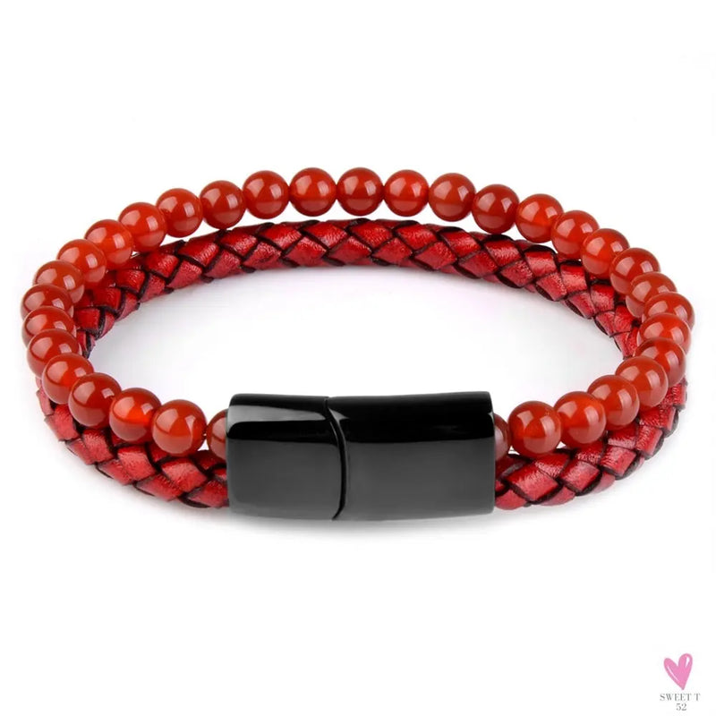 Round/Natural Stone/Genuine Leather/Tiger Eye Beads Bracelet for Men and Women with Magnetic Stainless Steel Clasp-Bracelet-SWEET T 52