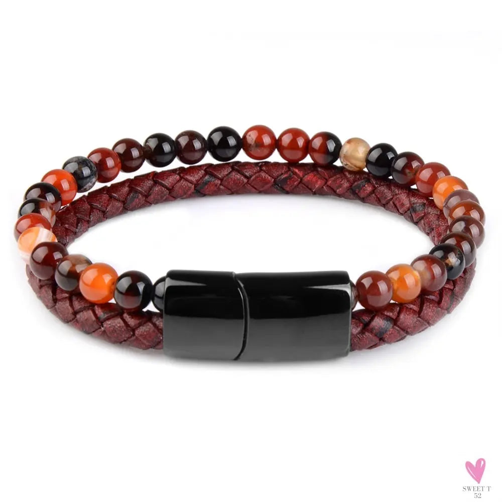 Round/Natural Stone/Genuine Leather/Tiger Eye Beads Bracelet for Men and Women with Magnetic Stainless Steel Clasp-Bracelet-SWEET T 52