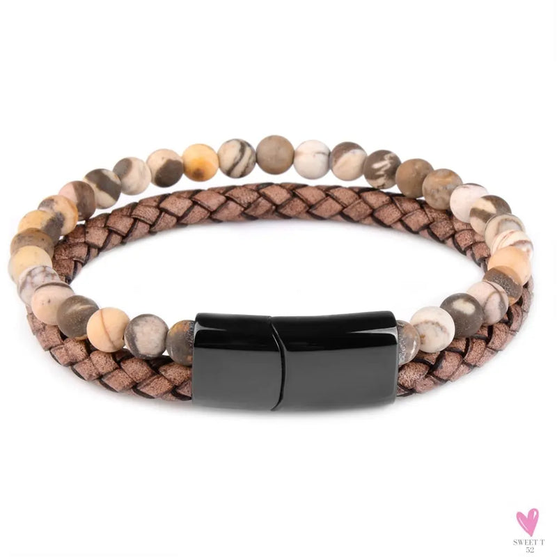 Round/Natural Stone/Genuine Leather/Tiger Eye Beads Bracelet for Men and Women with Magnetic Stainless Steel Clasp-Bracelet-SWEET T 52
