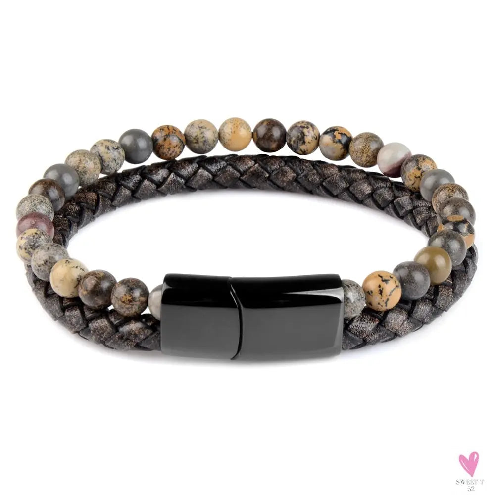 Round/Natural Stone/Genuine Leather/Tiger Eye Beads Bracelet for Men and Women with Magnetic Stainless Steel Clasp-Bracelet-SWEET T 52