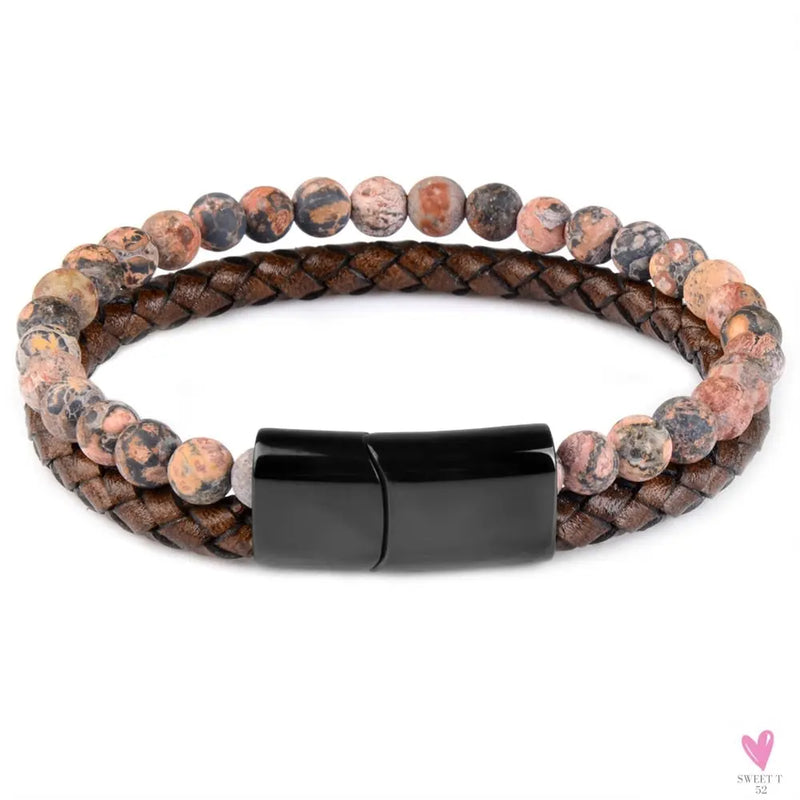 Round/Natural Stone/Genuine Leather/Tiger Eye Beads Bracelet for Men and Women with Magnetic Stainless Steel Clasp-Bracelet-SWEET T 52