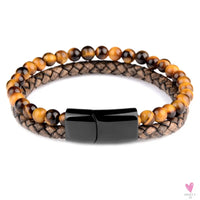 Round/Natural Stone/Genuine Leather/Tiger Eye Beads Bracelet for Men and Women with Magnetic Stainless Steel Clasp-Bracelet-SWEET T 52