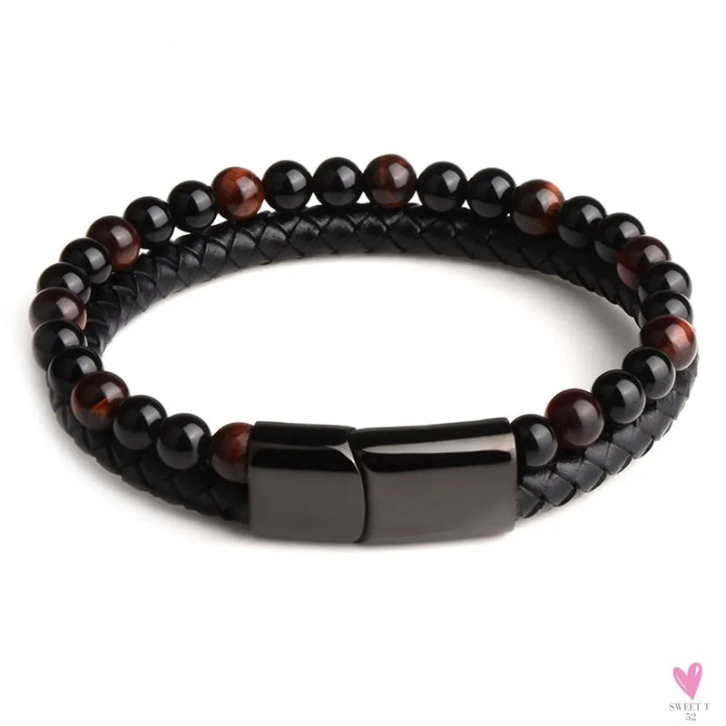 Round/Natural Stone/Genuine Leather/Tiger Eye Beads Bracelet for Men and Women with Magnetic Stainless Steel Clasp-Bracelet-SWEET T 52