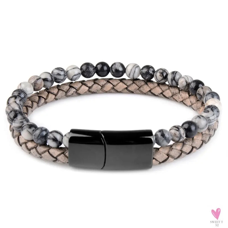 Round/Natural Stone/Genuine Leather/Tiger Eye Beads Bracelet for Men and Women with Magnetic Stainless Steel Clasp-Bracelet-SWEET T 52