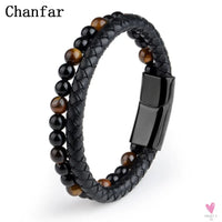 Round/Natural Stone/Genuine Leather/Tiger Eye Beads Bracelet for Men and Women with Magnetic Stainless Steel Clasp-Bracelet-SWEET T 52