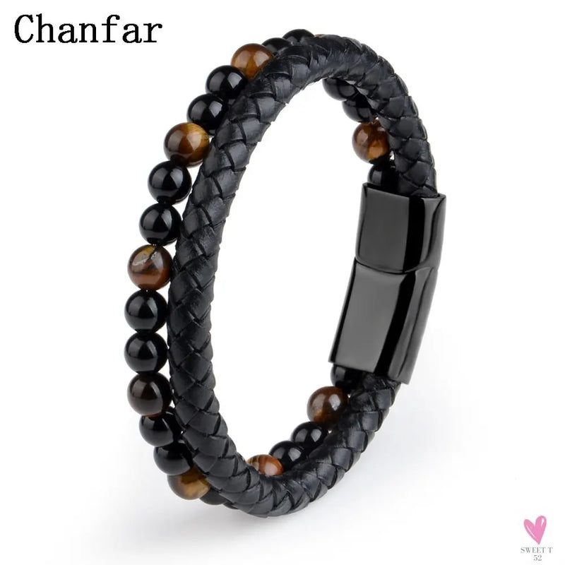 Round/Natural Stone/Genuine Leather/Tiger Eye Beads Bracelet for Men and Women with Magnetic Stainless Steel Clasp-Bracelet-SWEET T 52