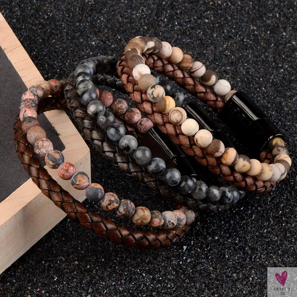 Round/Natural Stone/Genuine Leather/Tiger Eye Beads Bracelet for Men and Women with Magnetic Stainless Steel Clasp-Bracelet-SWEET T 52