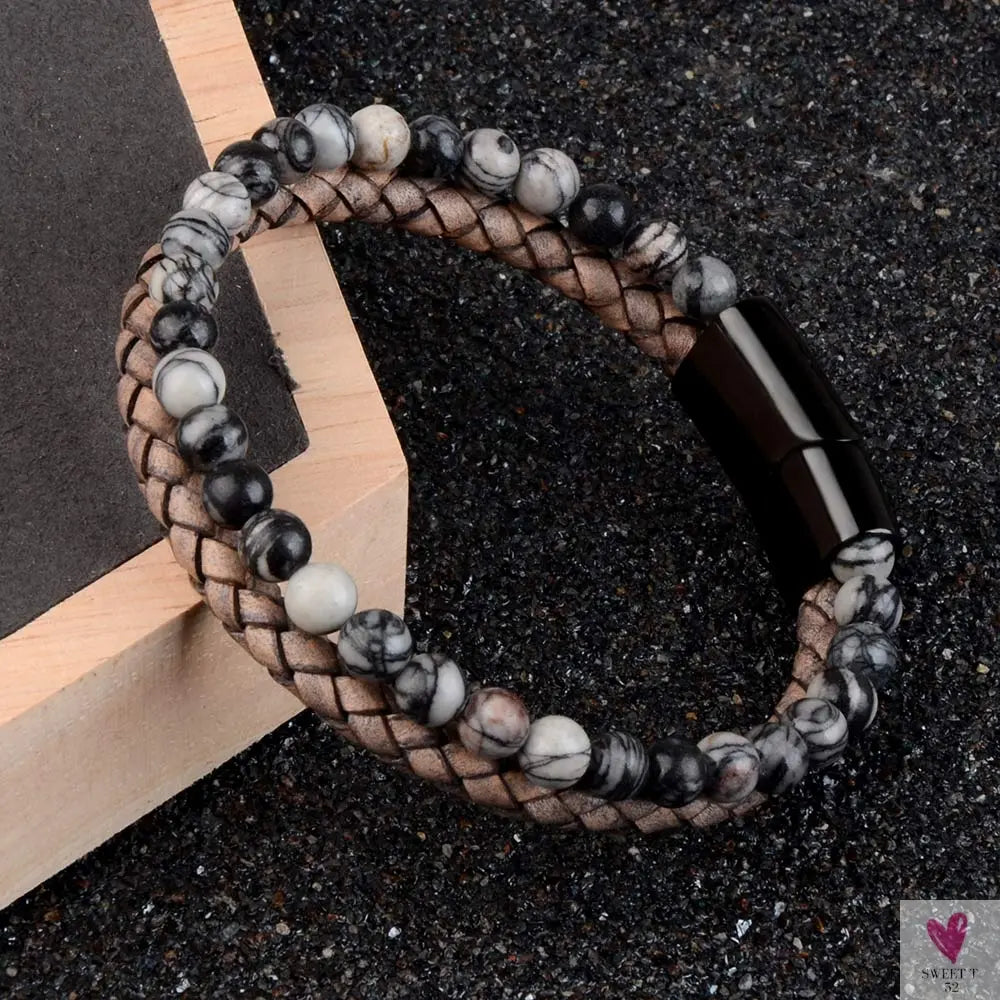 Round/Natural Stone/Genuine Leather/Tiger Eye Beads Bracelet for Men and Women with Magnetic Stainless Steel Clasp-Bracelet-SWEET T 52