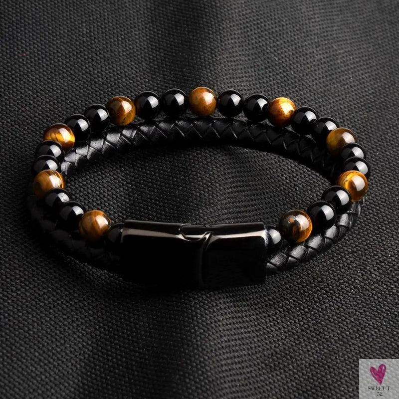 Round/Natural Stone/Genuine Leather/Tiger Eye Beads Bracelet for Men and Women with Magnetic Stainless Steel Clasp-Bracelet-SWEET T 52