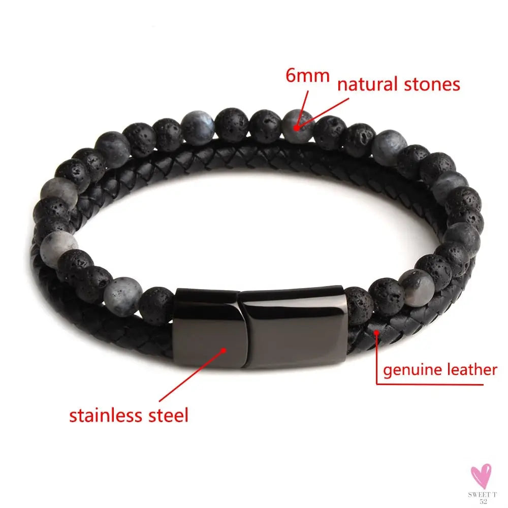 Round/Natural Stone/Genuine Leather/Tiger Eye Beads Bracelet for Men and Women with Magnetic Stainless Steel Clasp-Bracelet-SWEET T 52