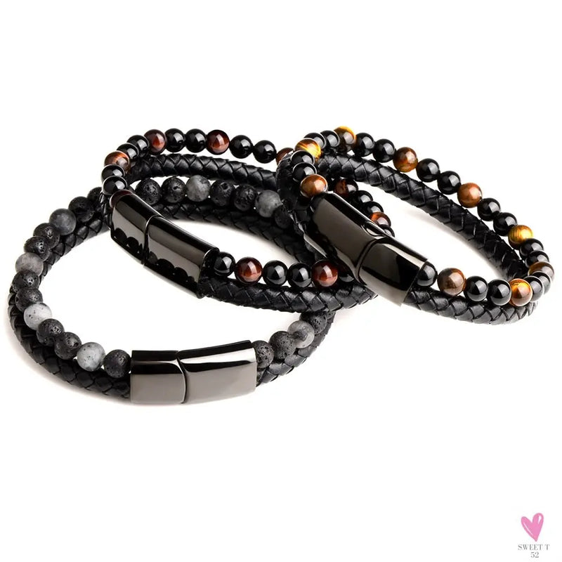 Round/Natural Stone/Genuine Leather/Tiger Eye Beads Bracelet for Men and Women with Magnetic Stainless Steel Clasp-Bracelet-SWEET T 52