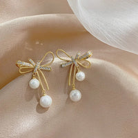 Elegant Bowknot Imitation Pearl Earrings/Rhinestone Shiny Earrings for Women. Fashion Jewelry