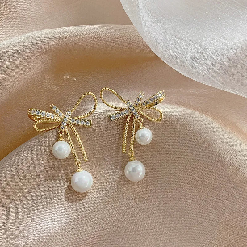 Elegant Bowknot Imitation Pearl Earrings/Rhinestone Shiny Earrings for Women. Fashion Jewelry
