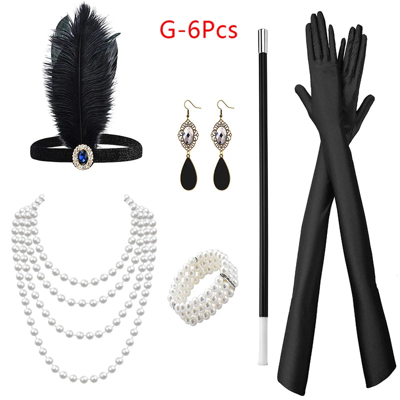 1set 1920's Cosplay Flapper Halloween Charleston Costume 1920s Gatsby Accessories Black Headpiece Great Gatsby Feather Headband Sweet T 52