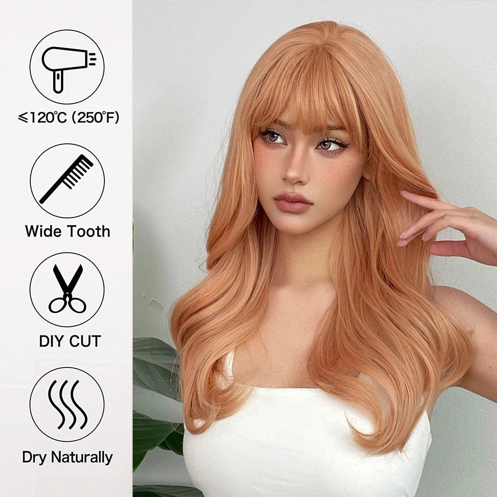 EASIHAIR Light Orange Synthetic Wigs Long Wavy Ombre Natural Hair Wigs with Bangs for Women Cosplay Lolita Wig Heat Resistant SWEET T 52