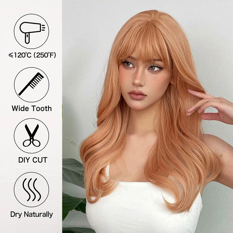 EASIHAIR Light Orange Synthetic Wigs Long Wavy Ombre Natural Hair Wigs with Bangs for Women Cosplay Lolita Wig Heat Resistant SWEET T 52