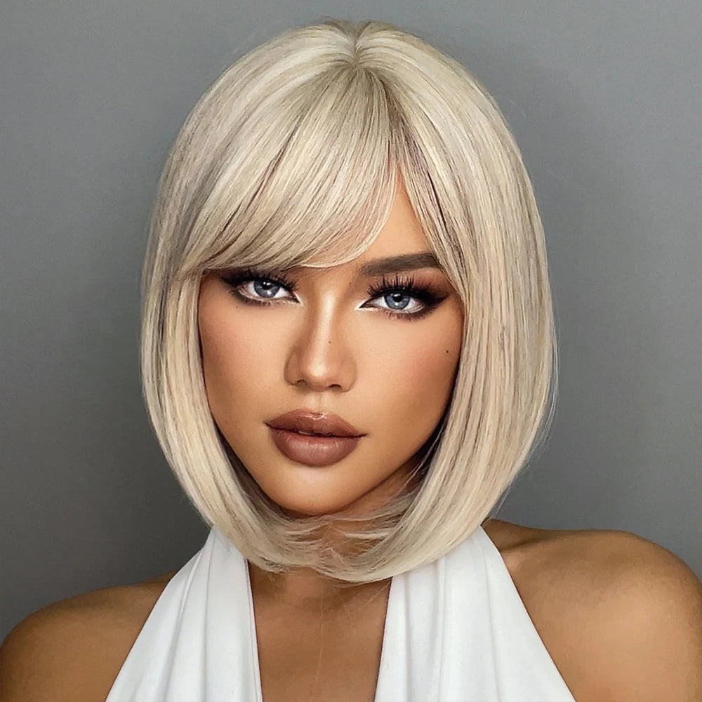 Short Straight Synthetic Wigs for Women with Bangs - Short Straight Bob Hair Wigs