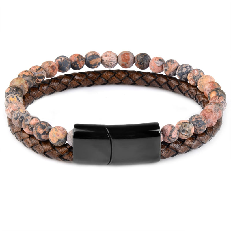 Round/Natural Stone/Genuine Leather/Tiger Eye Beads Bracelet for Men and Women with Magnetic Stainless Steel Clasp