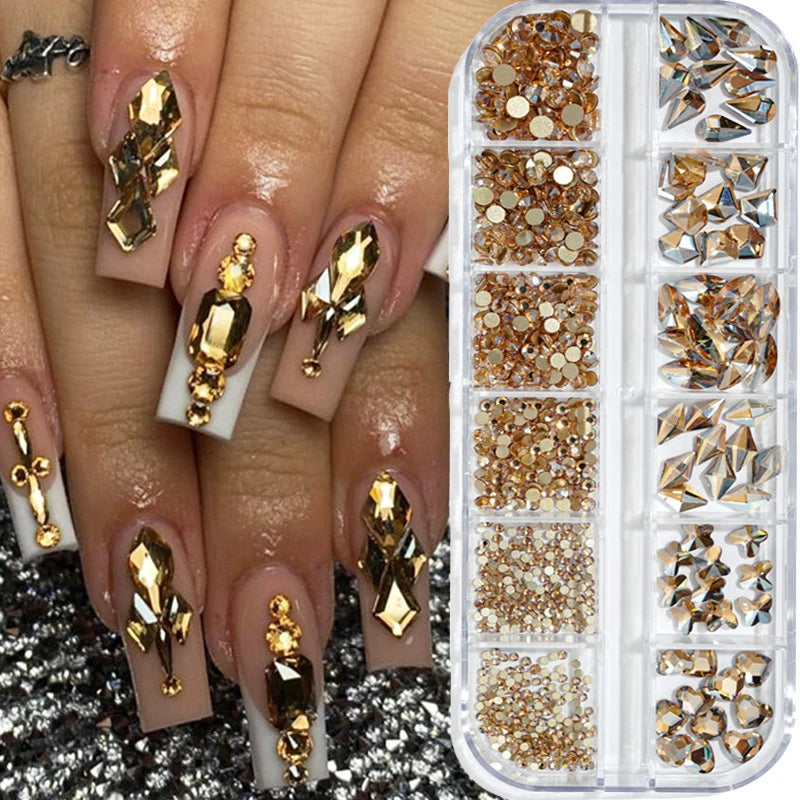 12Gird Box Multi Size AB/Colorful Non-Hotfix Rhinestones Flatback Crystal Diamond Gems 3D Glitter Nail Art Luxurious Decorations SWEET T 52