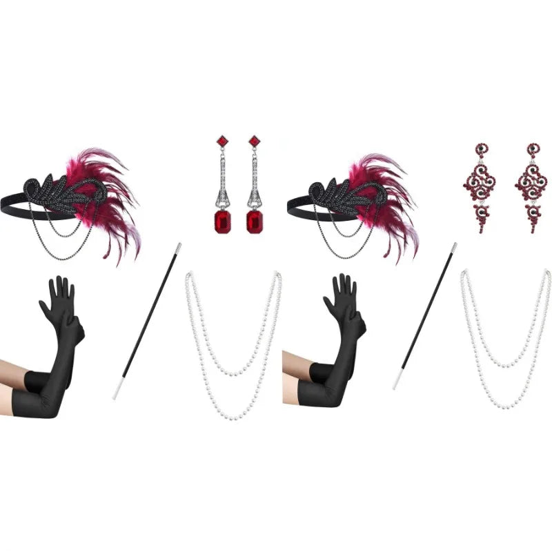 5pcs 1920s Dressed Up Ball Wearing Feather Headband, Gloves, Earrings & Necklace for Female Flapper Girl - Gatsby Accessories for Party