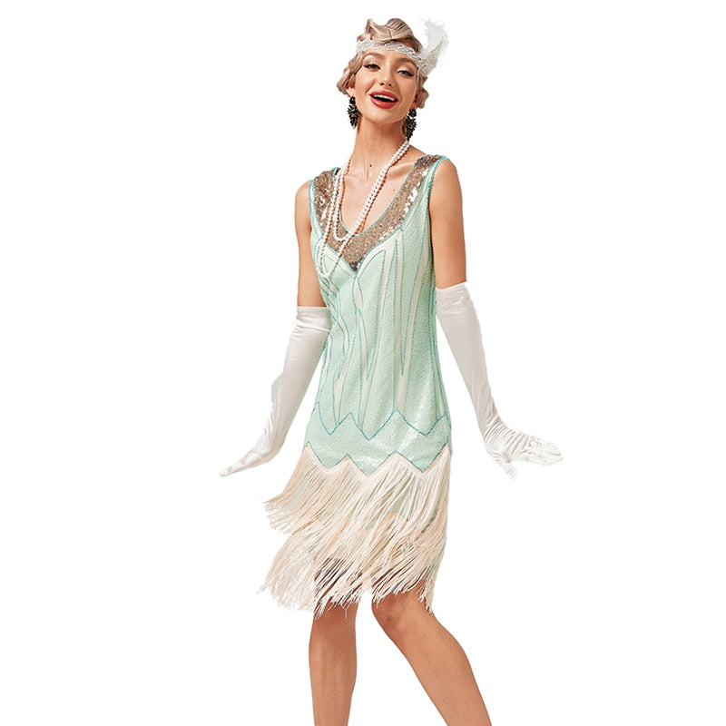 1920s Vintage Dress Beaded Sequined Flapper Dresses - Women's Vintage Dress, V Neck with Beads & Fringed Tassels
