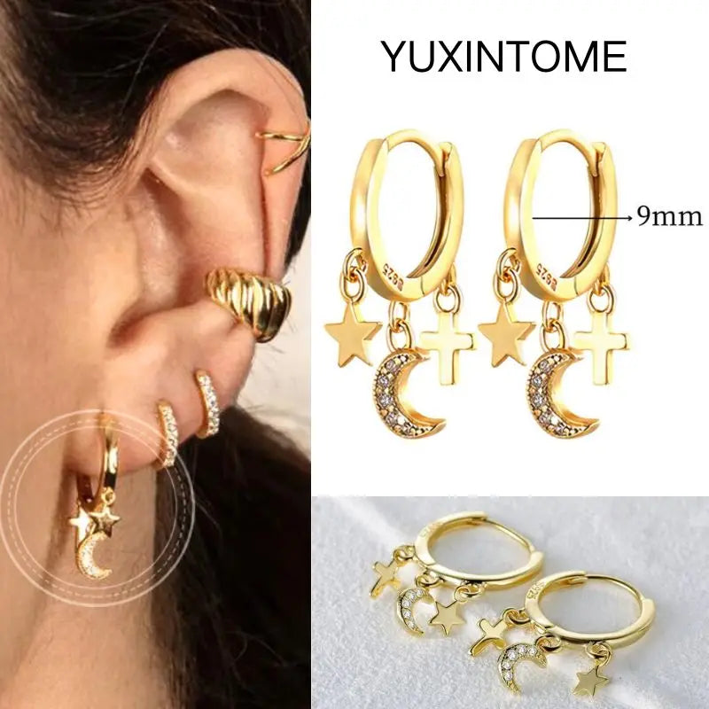 925 Silver Needle Star Hoop Earrings for Women - Five-pointed Star and Moon Pendant Huggie Earrings