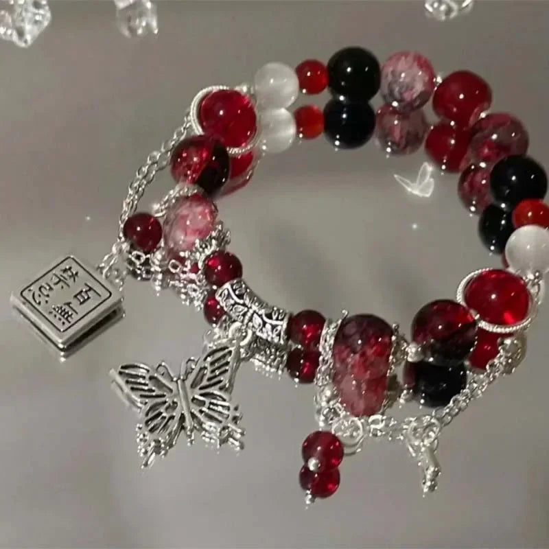 2024 New Trendy Red Beaded Chain Bracelet for Women Simple Hollow Butterfly Pendant Bracelets Jewelry Gifts Accessories Sweet T 52