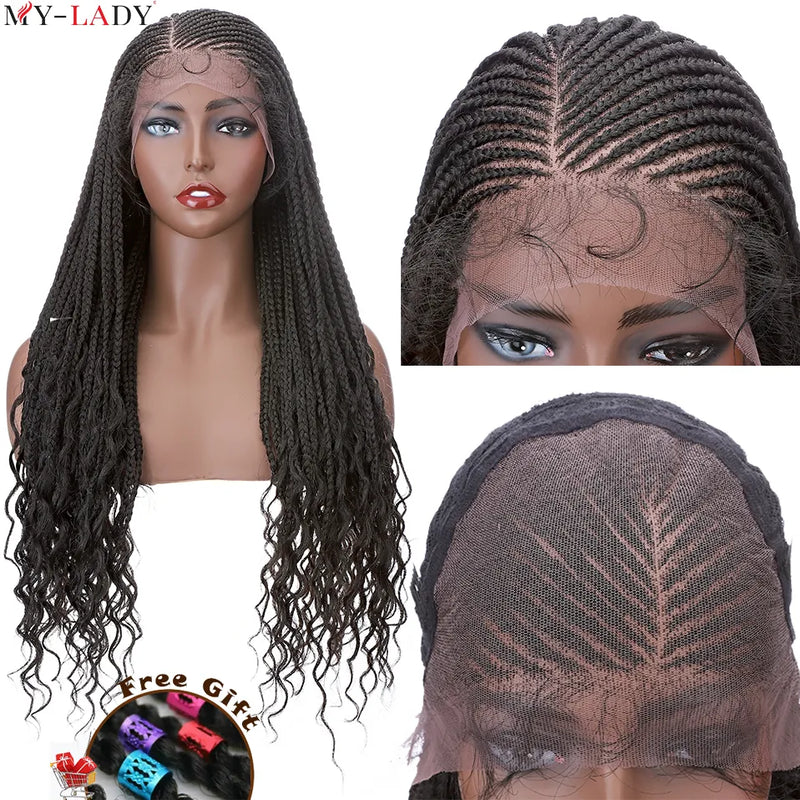 Synthetic 28'' Cornrow Braided Lace Wigs for Women and Girls - Curly Ends, Box Braided, Lace Front