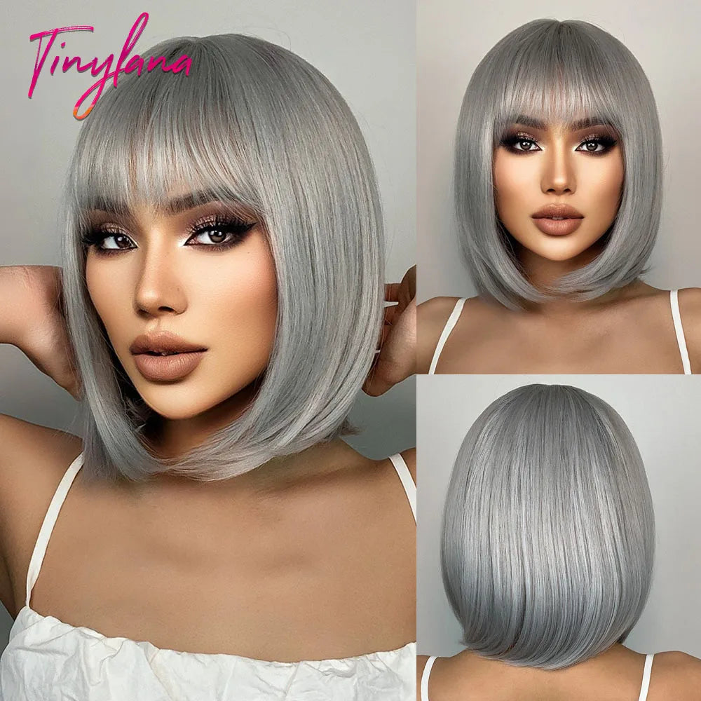 Short Straight Synthetic Wigs for Women with Bangs - Short Straight Bob Hair Wigs