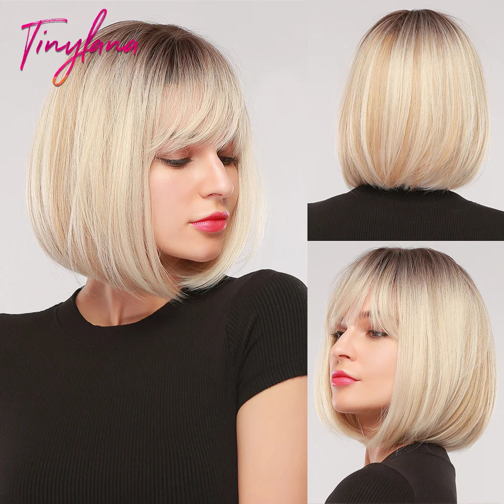 Short Straight Synthetic Wigs for Women with Bangs - Short Straight Bob Hair Wigs