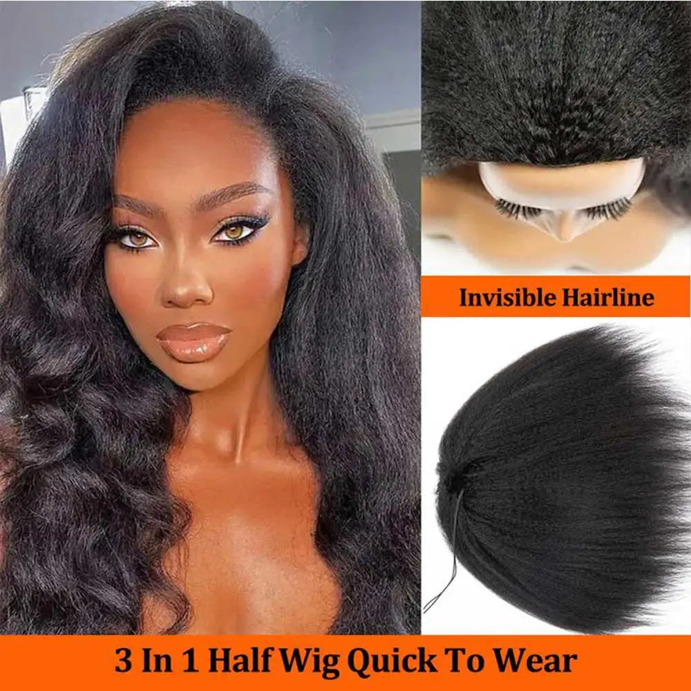 Kinky Straight Half Wig, Glueless Human Hair Wig. Ready to Wear, 3 In 1 Half Wig, Straight Drawstring Yaki Glueless Wig