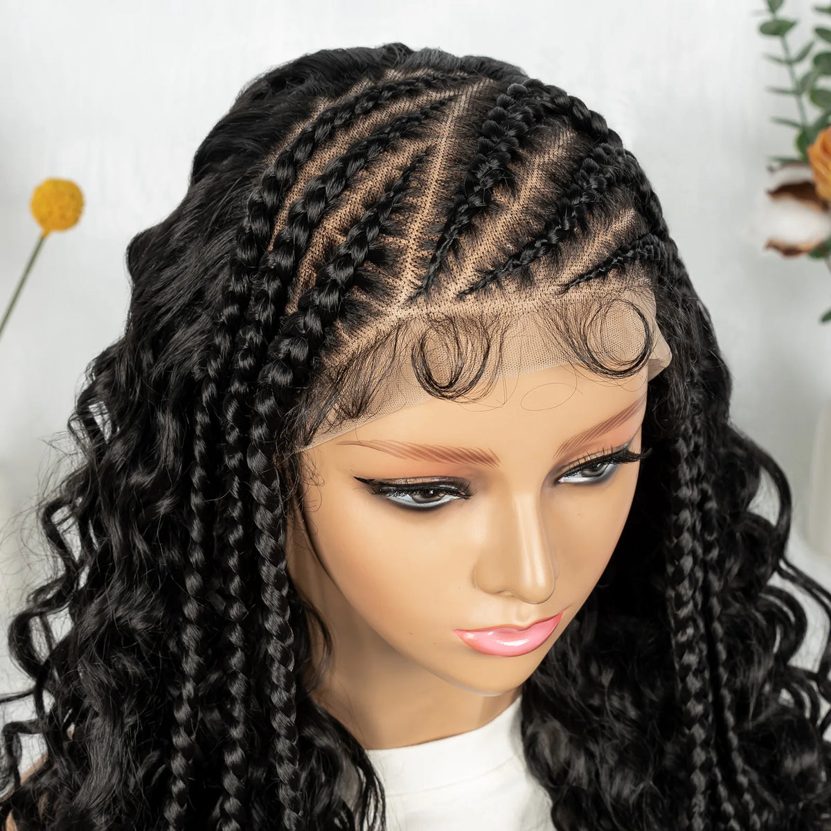 Cornrow Synthetic Braided Wigs 13*6 Lace Front Wig  Knotless Box Braided Wig Partition Design with Curly Hair for African Women Sweet T 52