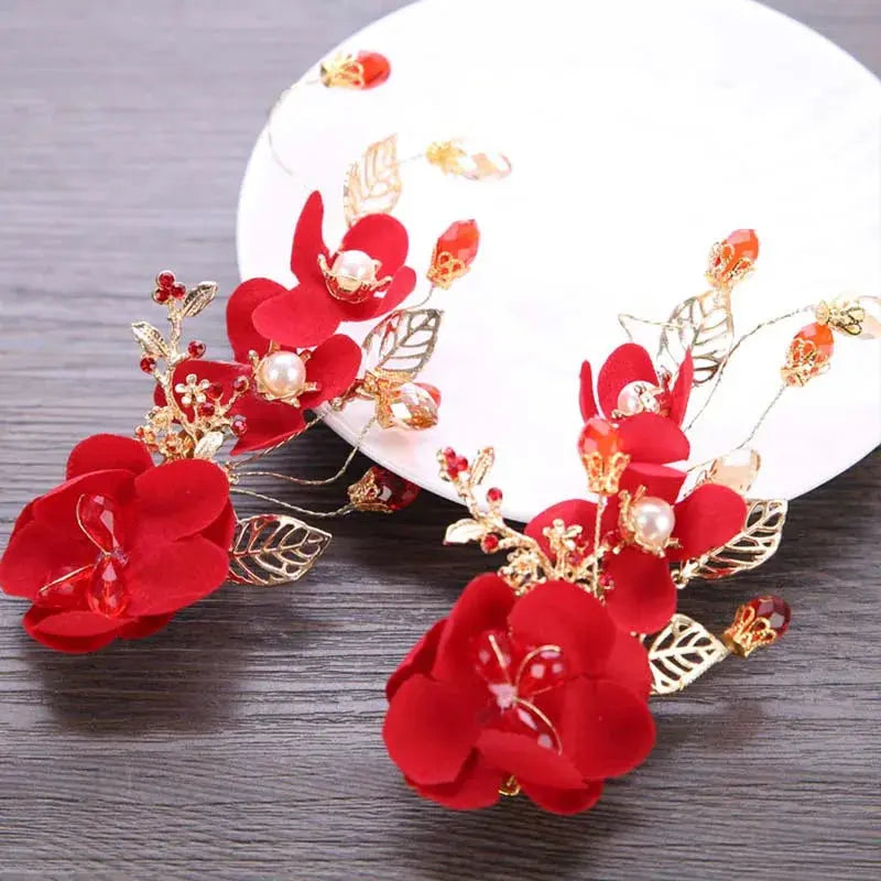 Red Hairpins/Bride Hair Clips - Vintage Chinese Wedding Hair Accessories for Women and Girls-hair accessories-SWEET T 52