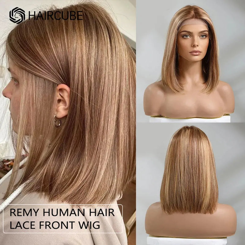 Human Hair 13x1 Lace Front Wig for Women & Girls, Shoulder Length Bob {Straight} with Highlights - Heat Resistant