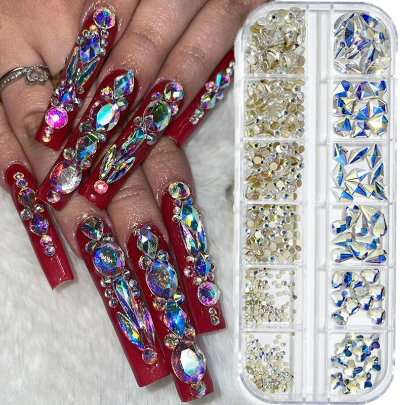 12Gird Box Multi Size AB/Colorful Non-Hotfix Rhinestones Flatback Crystal Diamond Gems 3D Glitter Nail Art Luxurious Decorations