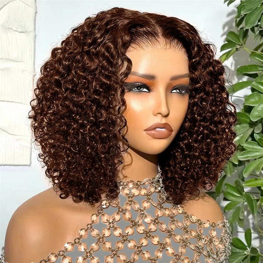 Chocolate Brown Deep Wave Human Hair Wigs for Women - 13x4 Full Lace Frontal Short Curly Wigs, Pre-Plucked, Glueless, 14 Inches