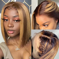 200% Highlight Bob Wig 13x4 Lace Front Wig P4/27 Colored Human Hair Wigs Honey Brown 13x6 Straight Lace Frontal 100%  Remy Wigs Sweet T 52