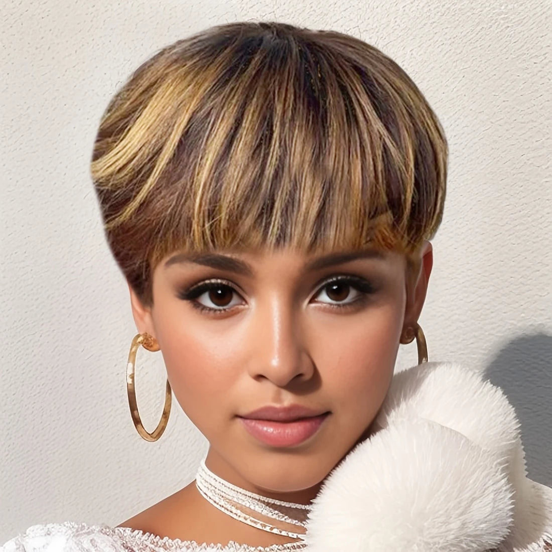 Pixie Cut Wig - Brazilian Remy Human Hair with Blonde Highlights. Full Machine Made Wig, Layered & Straight