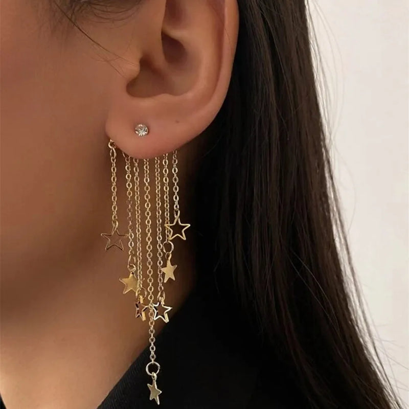 New Fashion Personality Golden Long Star Tassel Decorative Earrings for Women, Wedding Jewelry, Birthday Gift