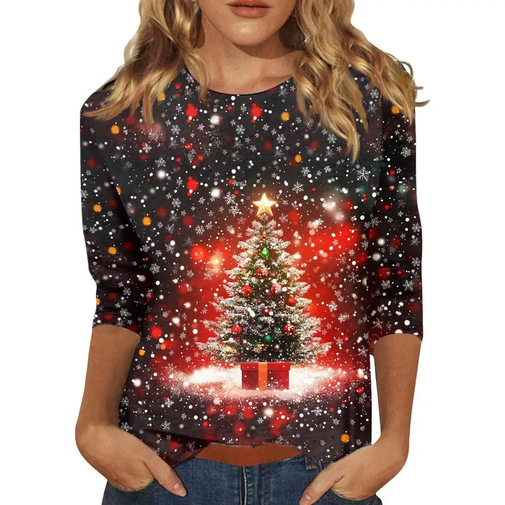 Christmas Limited Edition Women's 3D Red Snowflake Print Round Neck Long Sleeve T-shirt Fashion Casual Long Sleeve Top