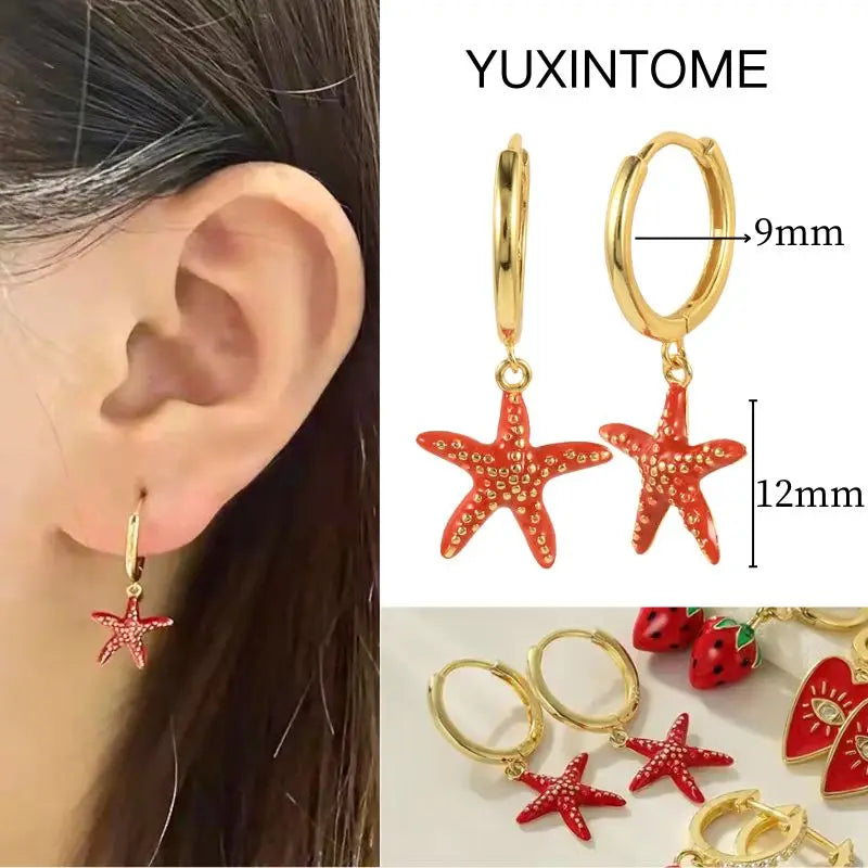925 Silver Needle Star Hoop Earrings for Women - Five-pointed Star and Moon Pendant Huggie Earrings