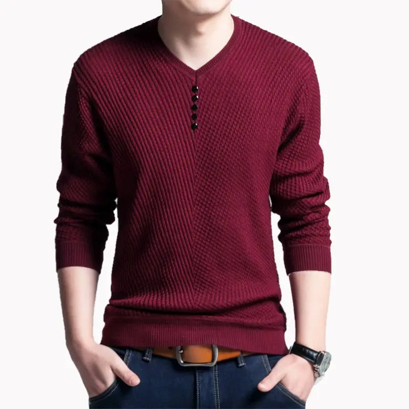 Simple V-neck Panel Button Tee, Slim Fit, Long Sleeve, Oversize Men's Thin Knitted Tee