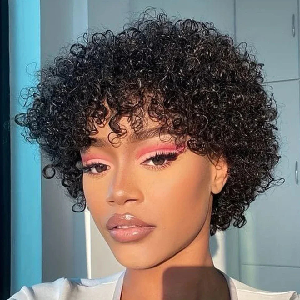 Afro Puff Pixie Bob Wig — Brazilian Remy Human Hair, Pre-Plucked Bangs, Ships from USA