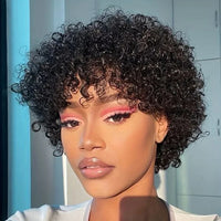 Afro Puff Pixie Bob Wig — Brazilian Remy Human Hair, Pre-Plucked Bangs, Ships from USA